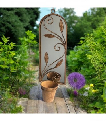 Rusty Arched 60cm Metal Garden Wall Mirror with Planter – Stylish & Durable Floral Design for Outdoor Patio, Balcony, Porch, or Indoor Decor – Vintage Patina Accent for Any Space (Light Brown)