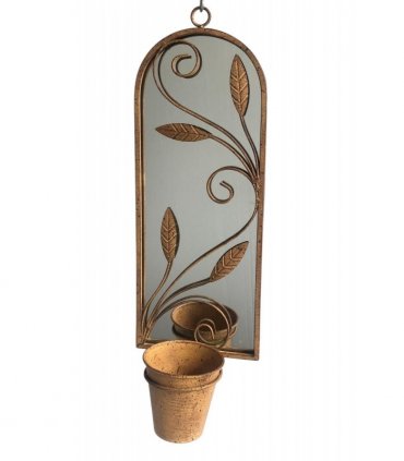 Rusty Arched 60cm Metal Garden Wall Mirror with Planter – Stylish & Durable Floral Design for Outdoor Patio, Balcony, Porch, or Indoor Decor – Vintage Patina Accent for Any Space (Light Brown)
