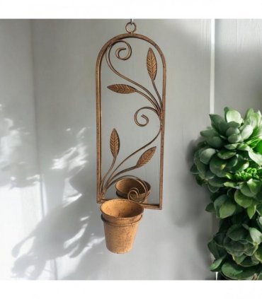 Rusty Arched 60cm Metal Garden Wall Mirror with Planter – Stylish & Durable Floral Design for Outdoor Patio, Balcony, Porch, or Indoor Decor – Vintage Patina Accent for Any Space (Light Brown)
