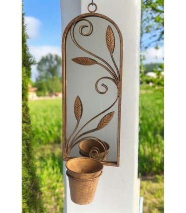Rusty Arched 60cm Metal Garden Wall Mirror with Planter – Stylish & Durable Floral Design for Outdoor Patio, Balcony, Porch, or Indoor Decor – Vintage Patina Accent for Any Space (Light Brown)