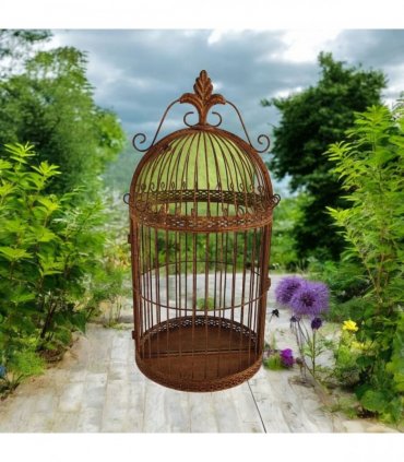 Durable Rustic Metal Bird Cage Wall Mirror 63cm Fleur De Lys Design Vintage-Style Garden Indoor & Outdoor Use Décor Perfect as a Decorative Mirror or Flower Display. (Brown)