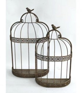 Elegant Set of 2 Rusty Grey Patina Metal Flower Baskets – Vintage Bird Cage Design, 60cm & 48cm Planters for Indoor/Outdoor Flower Display, Rustic Garden Décor with Charming Half-Dome Style