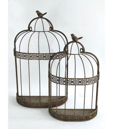 Elegant Set of 2 Rusty Grey Patina Metal Flower Baskets – Vintage Bird Cage Design, 60cm & 48cm Planters for Indoor/Outdoor Flower Display, Rustic Garden Décor with Charming Half-Dome Style