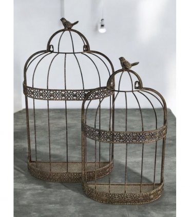 Elegant Set of 2 Rusty Grey Patina Metal Flower Baskets – Vintage Bird Cage Design, 60cm & 48cm Planters for Indoor/Outdoor Flower Display, Rustic Garden Décor with Charming Half-Dome Style