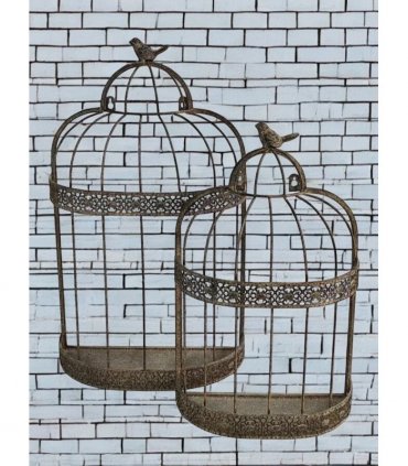 Elegant Set of 2 Rusty Grey Patina Metal Flower Baskets – Vintage Bird Cage Design, 60cm & 48cm Planters for Indoor/Outdoor Flower Display, Rustic Garden Décor with Charming Half-Dome Style