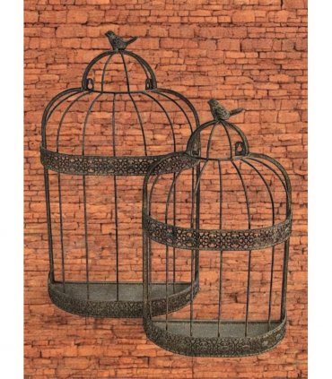 Elegant Set of 2 Rusty Grey Patina Metal Flower Baskets – Vintage Bird Cage Design, 60cm & 48cm Planters for Indoor/Outdoor Flower Display, Rustic Garden Décor with Charming Half-Dome Style