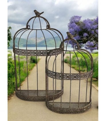 Elegant Set of 2 Rusty Grey Patina Metal Flower Baskets – Vintage Bird Cage Design, 60cm & 48cm Planters for Indoor/Outdoor Flower Display, Rustic Garden Décor with Charming Half-Dome Style
