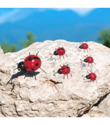AcaciaHome Durable & Stylish Metal Ladybird Garden Decor Set of 6, Durable Weatherproof Hanging Wall Art, Rust-Resistant Glossy Red Ladybird Sculptures for Fence, Porch, Balcony & Patio