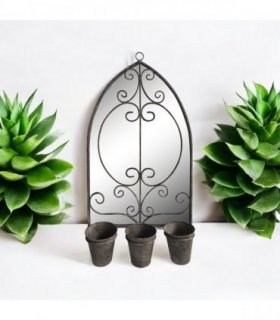 AcaciaHome Vintage Rusty Metal Wall Mirror with Triple Planter 3 Pots Holder - 70cm Arch Design, Indoor/Outdoor Large Garden & Patio Décor for Living & Garden Spaces (1, Floral Framed)