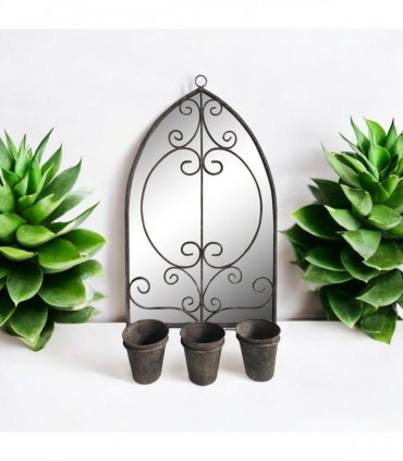 AcaciaHome Vintage Rusty Metal Wall Mirror with Triple Planter 3 Pots Holder - 70cm Arch Design, Indoor/Outdoor Large Garden & Patio Décor for Living & Garden Spaces (1, Floral Framed)
