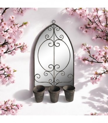 AcaciaHome Vintage Rusty Metal Wall Mirror with Triple Planter 3 Pots Holder - 70cm Arch Design, Indoor/Outdoor Large Garden & Patio Décor for Living & Garden Spaces (1, Floral Framed)
