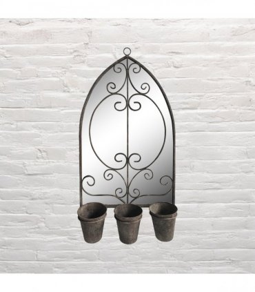 AcaciaHome Vintage Rusty Metal Wall Mirror with Triple Planter 3 Pots Holder - 70cm Arch Design, Indoor/Outdoor Large Garden & Patio Décor for Living & Garden Spaces (1, Floral Framed)