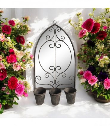 AcaciaHome Vintage Rusty Metal Wall Mirror with Triple Planter 3 Pots Holder - 70cm Arch Design, Indoor/Outdoor Large Garden & Patio Décor for Living & Garden Spaces (1, Floral Framed)