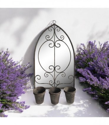 AcaciaHome Vintage Rusty Metal Wall Mirror with Triple Planter 3 Pots Holder - 70cm Arch Design, Indoor/Outdoor Large Garden & Patio Décor for Living & Garden Spaces (1, Floral Framed)