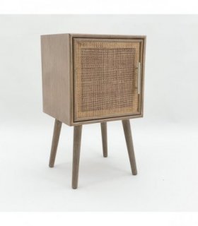 AcaciaHome Contemporary and Elegant Dark Brown Rattan Bedside Cabinet Table - 71CM Tall Stylish Bedroom Furniture with Natural Pine Finish, Metallic Handle, and Storage Drawer for Home Decor