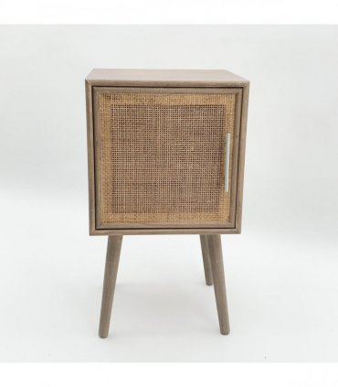 AcaciaHome Contemporary and Elegant Dark Brown Rattan Bedside Cabinet Table - 71CM Tall Stylish Bedroom Furniture with Natural Pine Finish, Metallic Handle, and Storage Drawer for Home Decor
