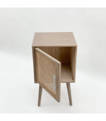 AcaciaHome Contemporary and Elegant Dark Brown Rattan Bedside Cabinet Table - 71CM Tall Stylish Bedroom Furniture with Natural Pine Finish, Metallic Handle, and Storage Drawer for Home Decor
