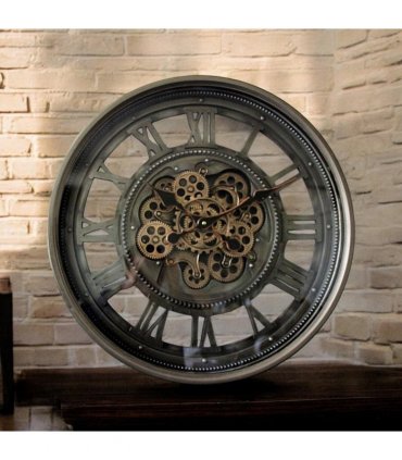 AcaciaHome Stylish & Decorative Industrial with Roman Numerals Round Wall Clock - Modern Design, Moving Gears, Battery-Operated Quartz Movement Timepiece for Living Room & Home (Black/Grey - 60cm)