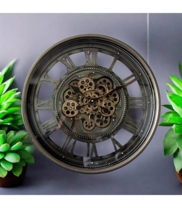 AcaciaHome Stylish & Decorative Industrial with Roman Numerals Round Wall Clock - Modern Design, Moving Gears, Battery-Operated Quartz Movement Timepiece for Living Room & Home (Black/Grey - 60cm)