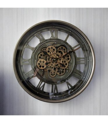 AcaciaHome Stylish & Decorative Industrial with Roman Numerals Round Wall Clock - Modern Design, Moving Gears, Battery-Operated Quartz Movement Timepiece for Living Room & Home (Black/Grey - 60cm)