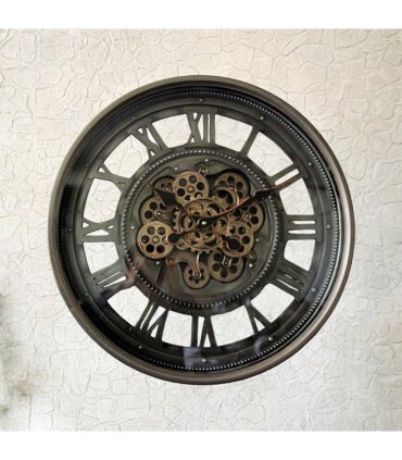 AcaciaHome Stylish & Decorative Industrial with Roman Numerals Round Wall Clock - Modern Design, Moving Gears, Battery-Operated Quartz Movement Timepiece for Living Room & Home (Black/Grey - 60cm)