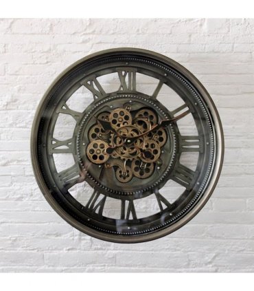 AcaciaHome Stylish & Decorative Industrial with Roman Numerals Round Wall Clock - Modern Design, Moving Gears, Battery-Operated Quartz Movement Timepiece for Living Room & Home (Black/Grey - 60cm)