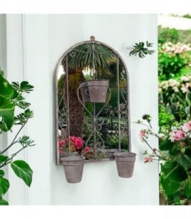 AcaciaHome Vintage Rusty Metal Wall Mirror with Triple Planter 3 Pots Holder - 70cm Arch Design, Indoor/Outdoor Large Garden & Patio Décor for Living & Garden Spaces (1, Vintage Style Floral)