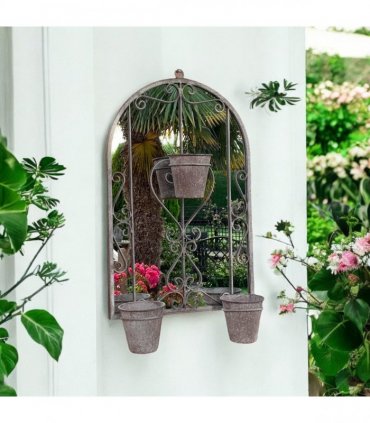 AcaciaHome Vintage Rusty Metal Wall Mirror with Triple Planter 3 Pots Holder - 70cm Arch Design, Indoor/Outdoor Large Garden & Patio Décor for Living & Garden Spaces (1, Vintage Style Floral)