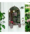 AcaciaHome Vintage Rusty Metal Wall Mirror with Triple Planter 3 Pots Holder - 70cm Arch Design, Indoor/Outdoor Large Garden & Patio Décor for Living & Garden Spaces (1, Vintage Style Floral)
