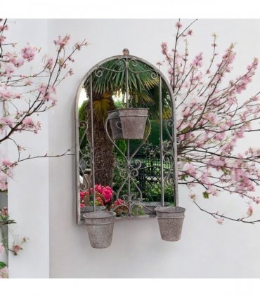 AcaciaHome Vintage Rusty Metal Wall Mirror with Triple Planter 3 Pots Holder - 70cm Arch Design, Indoor/Outdoor Large Garden & Patio Décor for Living & Garden Spaces (1, Vintage Style Floral)