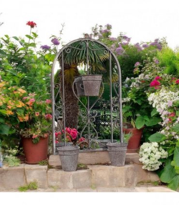 AcaciaHome Vintage Rusty Metal Wall Mirror with Triple Planter 3 Pots Holder - 70cm Arch Design, Indoor/Outdoor Large Garden & Patio Décor for Living & Garden Spaces (1, Vintage Style Floral)
