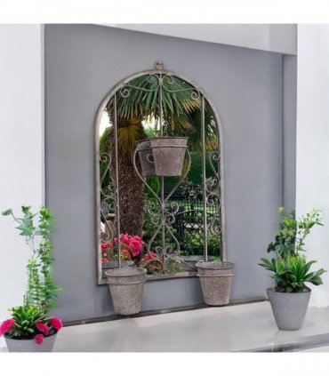 AcaciaHome Vintage Rusty Metal Wall Mirror with Triple Planter 3 Pots Holder - 70cm Arch Design, Indoor/Outdoor Large Garden & Patio Décor for Living & Garden Spaces (1, Vintage Style Floral)