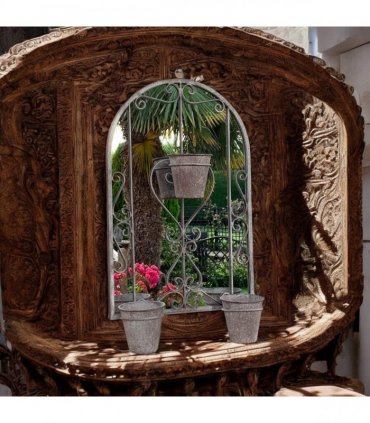 AcaciaHome Vintage Rusty Metal Wall Mirror with Triple Planter 3 Pots Holder - 70cm Arch Design, Indoor/Outdoor Large Garden & Patio Décor for Living & Garden Spaces (1, Vintage Style Floral)