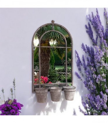 AcaciaHome Vintage Rusty Metal Wall Mirror with Triple Planter 3 Pots Holder - 70cm Arch Design, Indoor/Outdoor Large Garden & Patio Décor for Living & Garden Spaces (1, Round Shape)