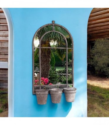 AcaciaHome Vintage Rusty Metal Wall Mirror with Triple Planter 3 Pots Holder - 70cm Arch Design, Indoor/Outdoor Large Garden & Patio Décor for Living & Garden Spaces (1, Round Shape)
