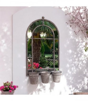 AcaciaHome Vintage Rusty Metal Wall Mirror with Triple Planter 3 Pots Holder - 70cm Arch Design, Indoor/Outdoor Large Garden & Patio Décor for Living & Garden Spaces (1, Round Shape)