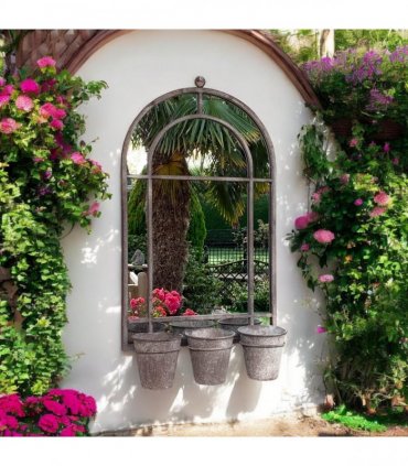 AcaciaHome Vintage Rusty Metal Wall Mirror with Triple Planter 3 Pots Holder - 70cm Arch Design, Indoor/Outdoor Large Garden & Patio Décor for Living & Garden Spaces (1, Round Shape)