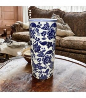 AcaciaHome Durable Ceramic Round Umbrella stand–Perfect Holder for Home, Office, & Entryway - Adds a Sophisticated Touch to Living Spaces for Canes, & Walking Sticks (Round Blue & White)