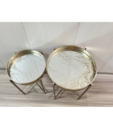 Modern Set of 2 Art Deco Marble Design Side Tables with Silver Finish and Lift-Top Feature, X-shaped Legs for Home, Office, Living Room, Bedrooms, and Hallways Decor (43/53CM Silver Mirror Design)