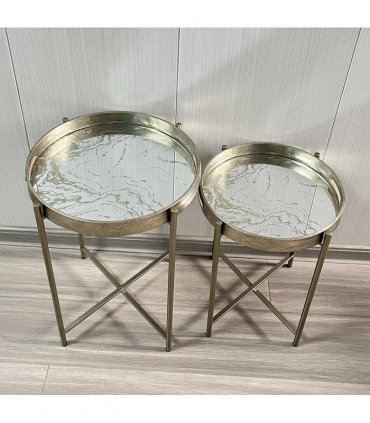 Modern Set of 2 Art Deco Marble Design Side Tables with Silver Finish and Lift-Top Feature, X-shaped Legs for Home, Office, Living Room, Bedrooms, and Hallways Decor (43/53CM Silver Mirror Design)