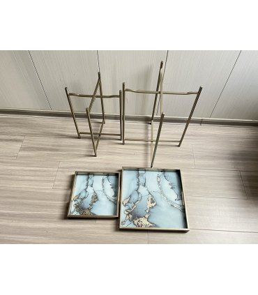 Modern Set of 2 Art Deco Floral Marble Design Side Tables with Square Silver-Gold Finish and Lift-Top Feature, X-shaped Legs for Home, Living Room, and Hallways Decor (53/45CM Water Blue Gold)