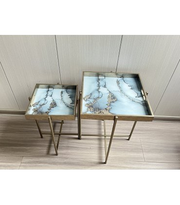 Modern Set of 2 Art Deco Floral Marble Design Side Tables with Square Silver-Gold Finish and Lift-Top Feature, X-shaped Legs for Home, Living Room, and Hallways Decor (53/45CM Water Blue Gold)