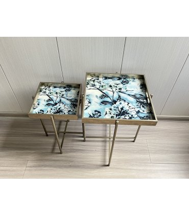 Modern Set of 2 Art Deco Floral Marble Design Side Tables with Square Silver-Gold Finish and Lift-Top Feature, X-shaped Legs for Home, Living Room, and Hallways Decor (53/45CM Floral Black Gold)