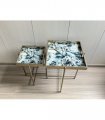 Modern Set of 2 Art Deco Floral Marble Design Side Tables with Square Silver-Gold Finish and Lift-Top Feature, X-shaped Legs for Home, Living Room, and Hallways Decor (53/45CM Floral Black Gold)