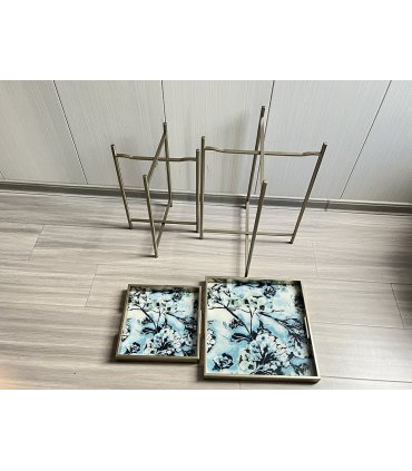 Modern Set of 2 Art Deco Floral Marble Design Side Tables with Square Silver-Gold Finish and Lift-Top Feature, X-shaped Legs for Home, Living Room, and Hallways Decor (53/45CM Floral Black Gold)