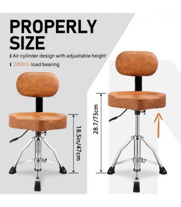 Drum Throne with Backrest, Hydraulic Drum Stool Adjustable Height, Heavy Duty Hydraulic Drum Seat Saddle Design for Drummers Brown