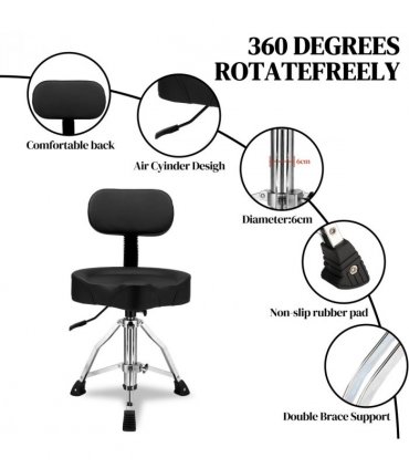 Drum Throne with Backrest, Hydraulic Drum Stool Adjustable Height, Heavy Duty Hydraulic Drum Seat Saddle Design for Drummers Black