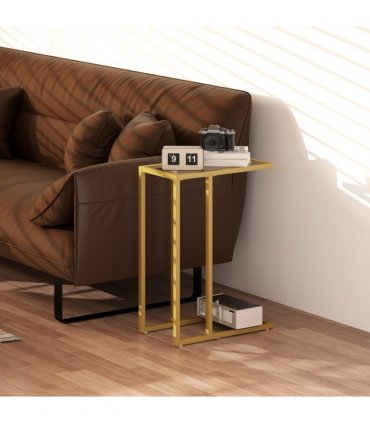HOMCOM C-Shaped Side Table, End Table with Tempered Glass Tabletop, Gold