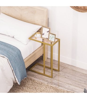 HOMCOM C-Shaped Side Table, End Table with Tempered Glass Tabletop, Gold