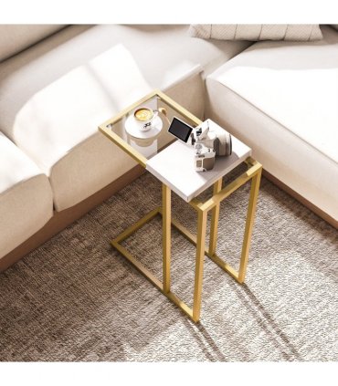 HOMCOM C-Shaped Side Table, End Table with Tempered Glass Tabletop, Gold